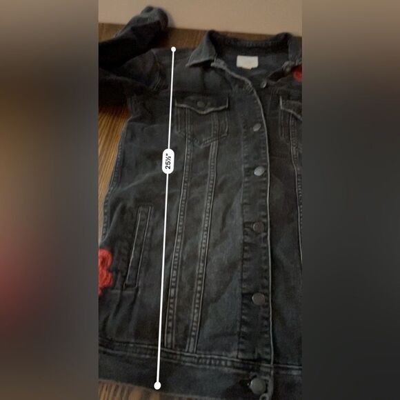 American Eagle Women's XS Embroidered Floral Long Denim Jean Jacket Black rose - Picture 7 of 16